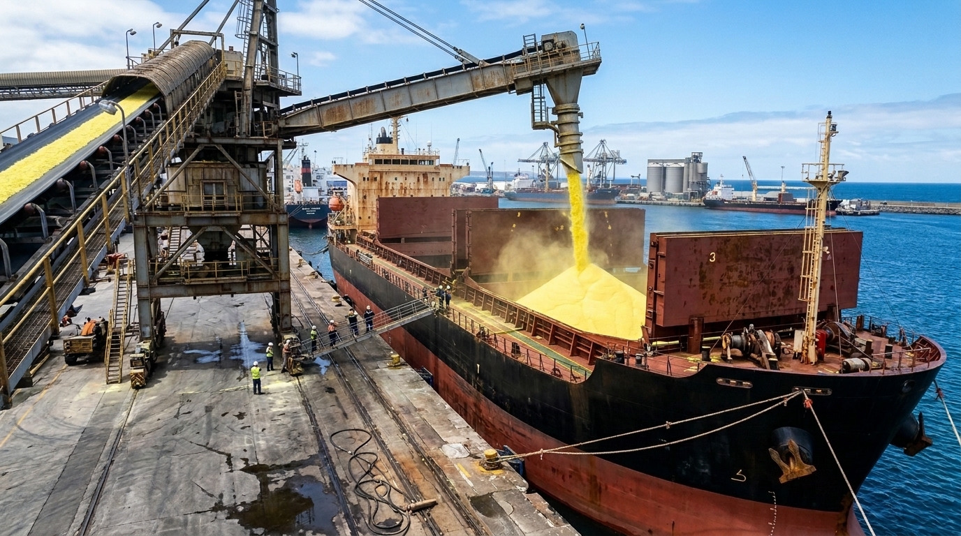 Bulk Carrier Vessel Loading Bright Yellow Granulated Sulphur 99.5%–99.95% at Deep-Water Export Terminal