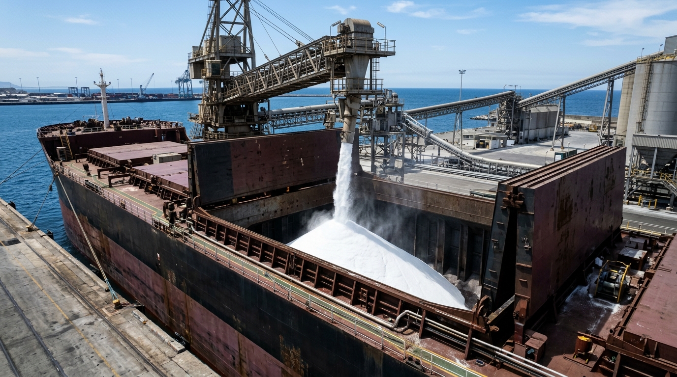 Bulk Carrier Vessel Loading White Granular Urea 46% Nitrogen at Seaport Export Terminal