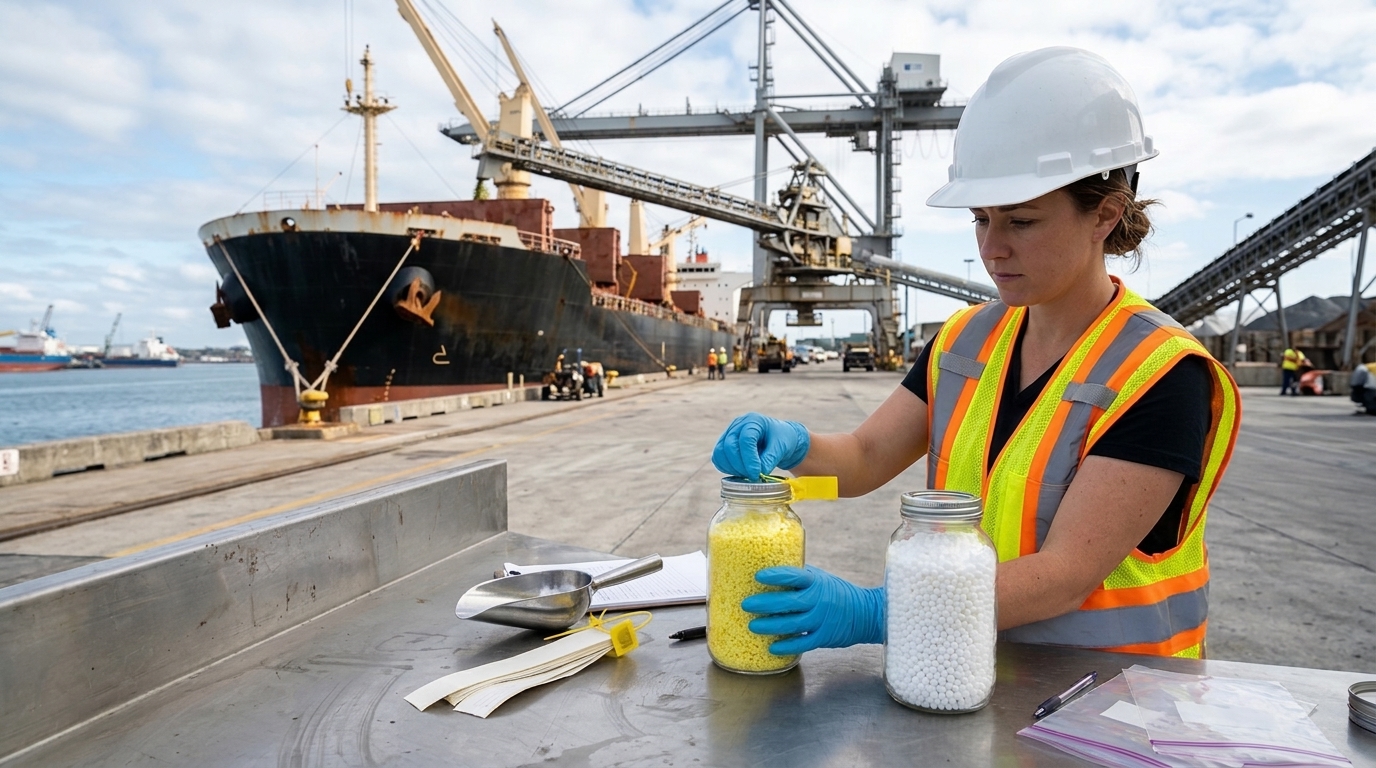 Independent Port Cargo Surveyor Sealing Certified Samples of Bright Yellow Granulated Sulphur and White Granular Urea 46% N at Load Port Berth
